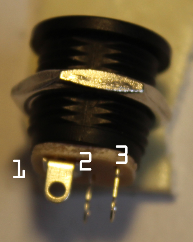 Side view of the 2.1mm DC power socket showing pinout