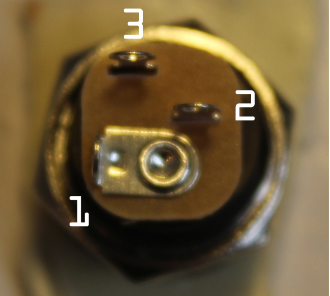 Top view of the 2.1mm DC power socket showing pinout